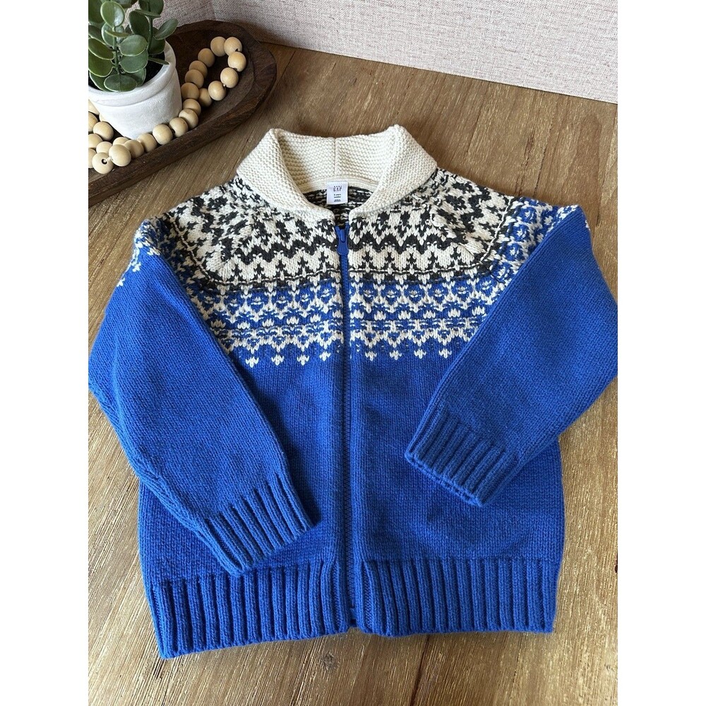 Baby Gap Toddler Fair Isle Zip Sweater 5Y Bristol Blue Knit Shawl Collar Jacket